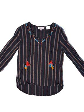 Panhandle Southwestern Embroidered Striped Boho Peasant Blouse Med Tassel